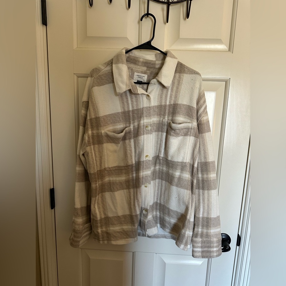 American Eagle Outfitters Cream and Taupe Plaid Button-Down Shirt Jacket